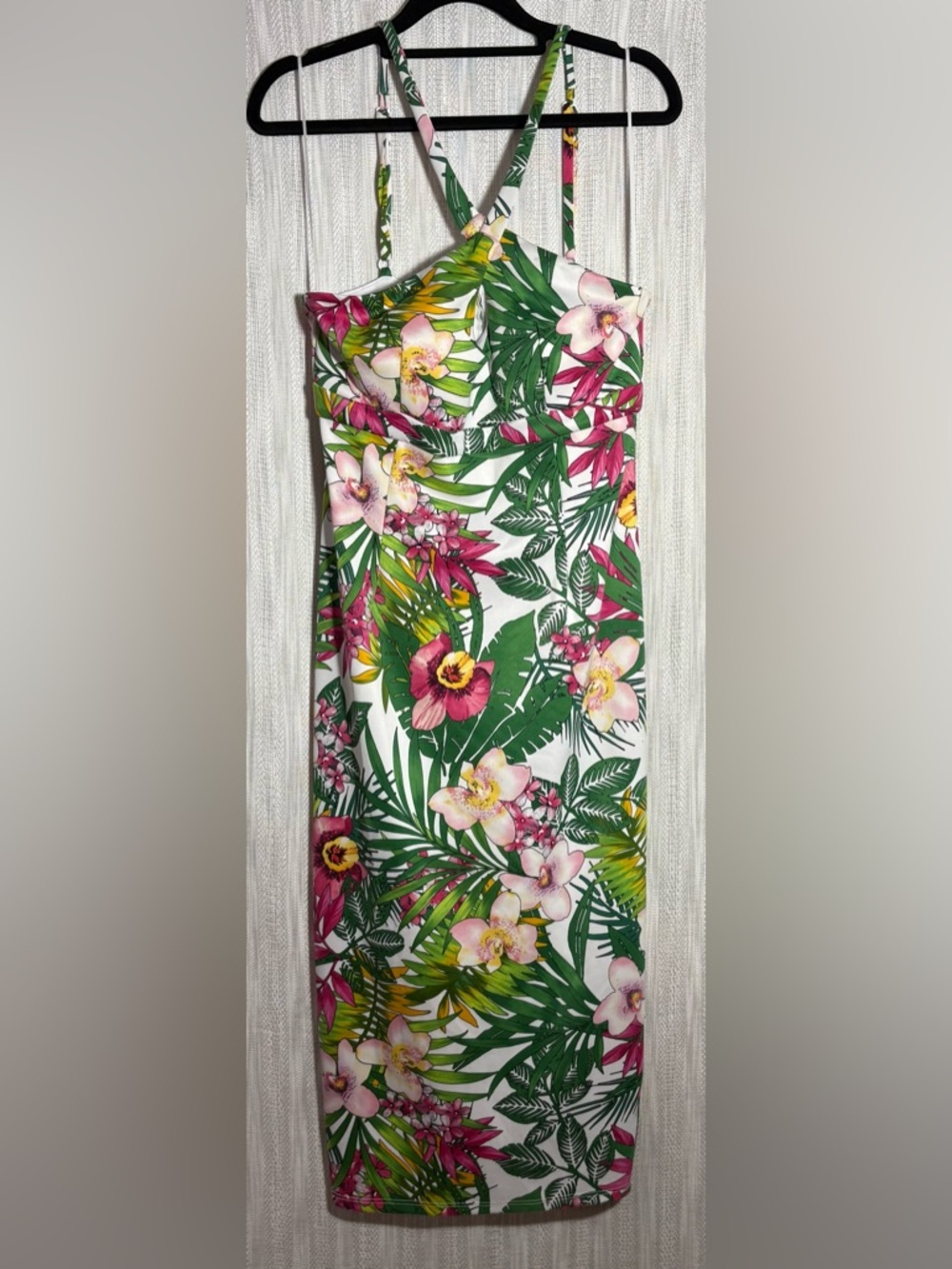 Bettie Page Cross my Heart Floral One-Piece Dress in White, Green & Pink